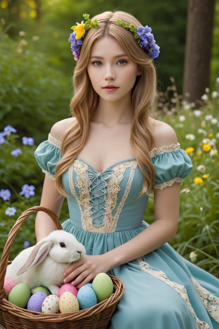 Ethereal spring maiden, angelic beauty, porcelain skin, large (eye_color:blue,green,violet) eyes, lush (hair_color:blonde,strawberry,chestnut) tresses entwined with wildflowers, wearing floral lace (dress:sundress,gown), cradling basket of Easter eggs and baby rabbits, butterfly perched on shoulder, blooming garden surroundings, vibrant spring colors, soft natural lighting, 4k, extremely detailed facial features
,photorealistic:1.3, best quality, masterpiece,MikieHara,photo_b00ster