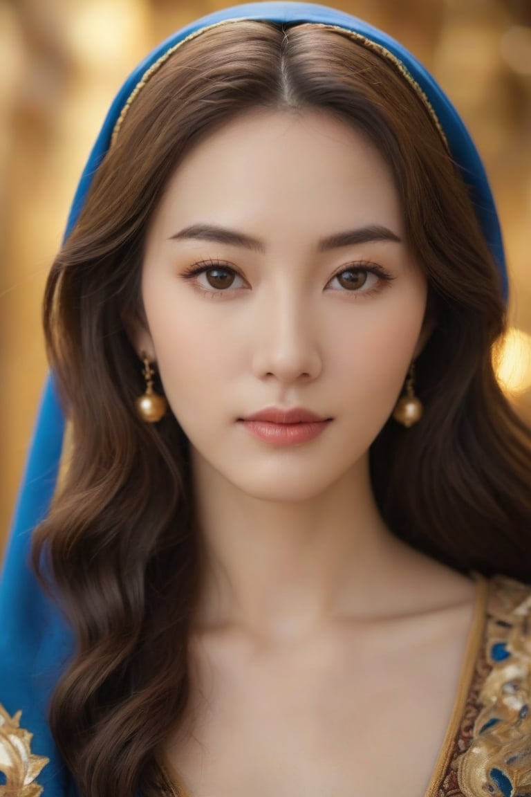 A portrait of a Byzantine style girl with golden background,front view,(masterpiece, top quality, best quality, official art, beautiful and aesthetic:1.2), (1girl:1.4), portrait, extreme detailed, highest detailed, simple background, 16k, high resolution, perfect dynamic composition, bokeh, (sharp focus:1.2), super wide angle, high angle, high color contrast, medium shot, depth of field, blurry background,,itacstl,photorealistic:1.3, best quality, masterpiece,MikieHara,