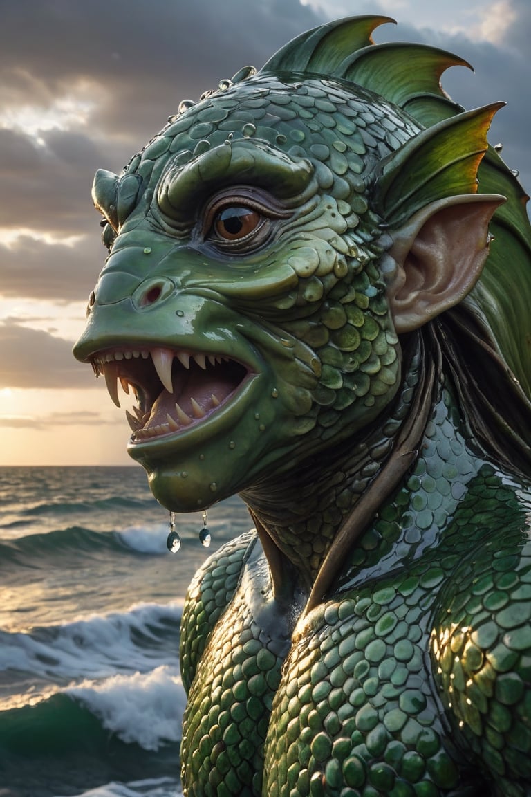 A highly detailed, photorealistic portrait of Colapesce, the legendary half-human half-fish creature from Sicilian folklore, emerging from the waves with a mournful expression on his human-like face, water droplets glistening on his green scales and fins, against the backdrop of a stormy sea and Sicilian cliffs at sunset, intricate textures, dramatic lighting, 50mm lens, shot on professional camera, medieval, 
photorealistic:1.3, best quality, masterpiece,MikieHara,itacstl