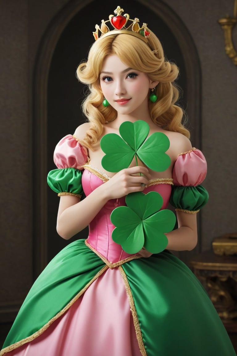 A beautiful Princess peach holds (a big shamrock), happy, super mario theme,
photorealistic:1.3, best quality, masterpiece,MikieHara