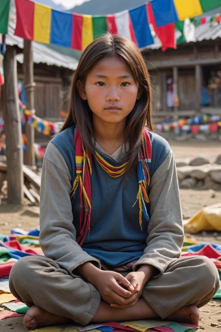 A young girl from a remote Himalayan village sitting cross-legged, her face weathered yet serene, surrounded by colorful prayer flags that fill the frame with a dreamlike, ethereal quality,
,photorealistic:1.3, best quality, masterpiece,MikieHara,photo_b00ster