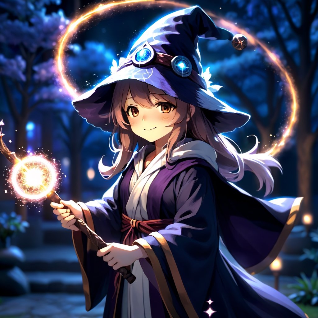 anime, girl, solo, wizard hat, robe, holding ancient staff, happy, magic circle, midnight, bloom, ambient occlusion, glowing lights, light particles, bokeh