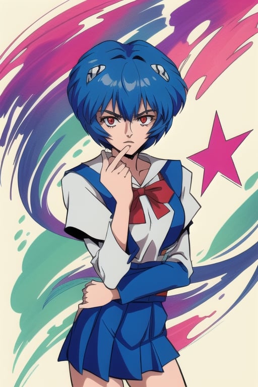 rei ayanami wearing school uniform, jojo pose,sound effects, colorful background, high detail, masterpiece, 