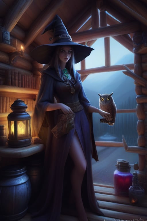 LegendDarkFantasy, slim tall witch, posing inside a log cabin, bookshlef with potions, owl, soft light, high detail, masterpiece