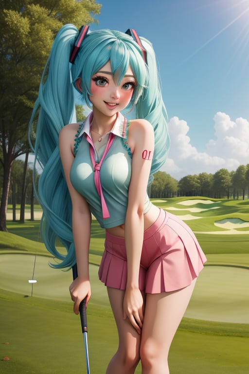 MIKU HATSUNE sexy pose at golf field, blushed, provocative face, sunny day, golf club, high detail, masterpiece