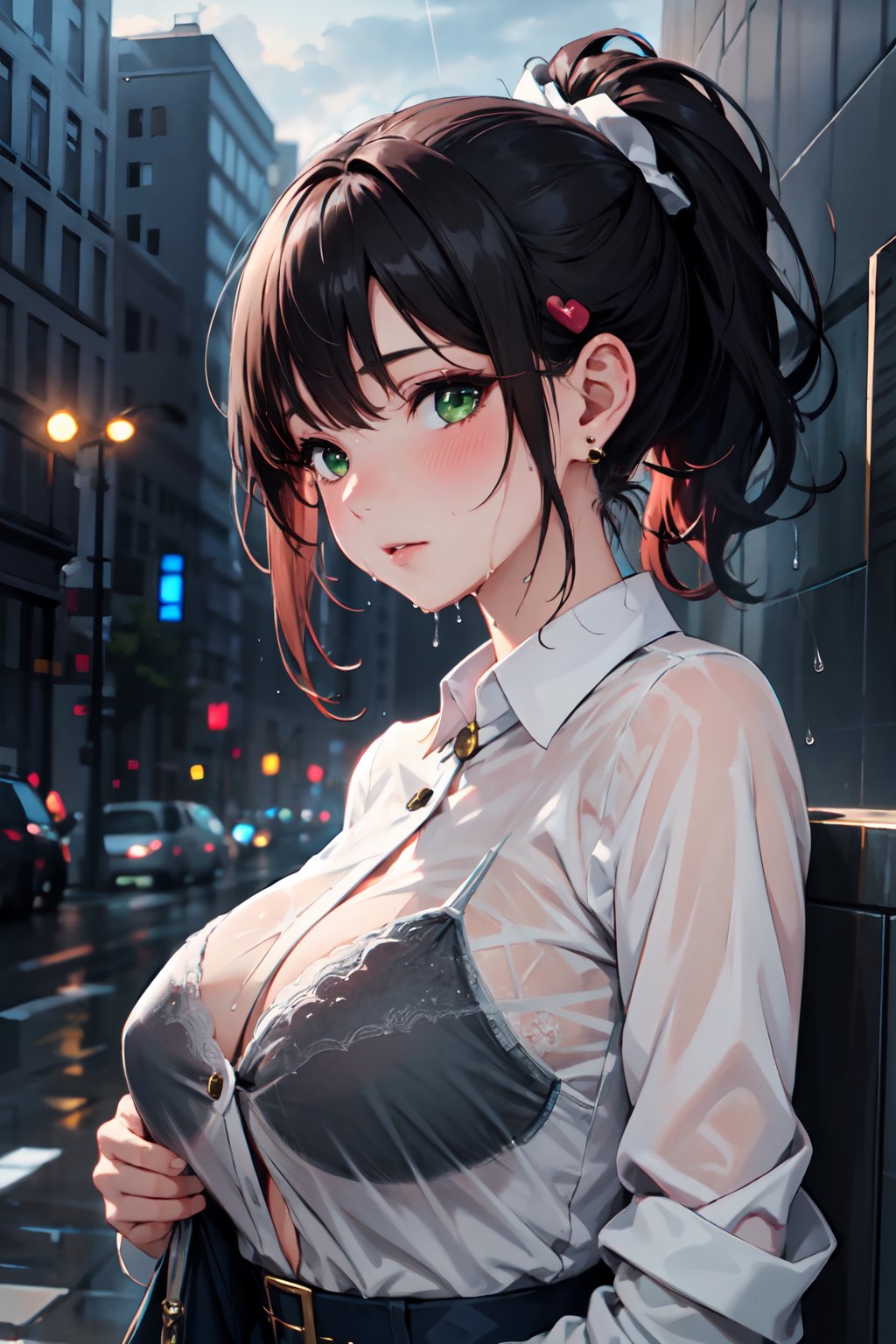 ((1 girl , solo:1.2)), outdoor, raining, cloudy sky,,(look at viewer:1.4) ,
, half side view
,
8k, uhd, masterpiece, best quality, 

 wet hair, large breast,
,long hair, ponytail, black hair,

,(bra visible through clothes,bra under shirt,
upper body, black bra,  white shirt with button:1.2) ,
(see-through:0.4), wet, wet clothes,
, green eyes, 
earrings, trying hair, blushing,red ear ,
Cool Face, elder sister,
Extremely Realistic,