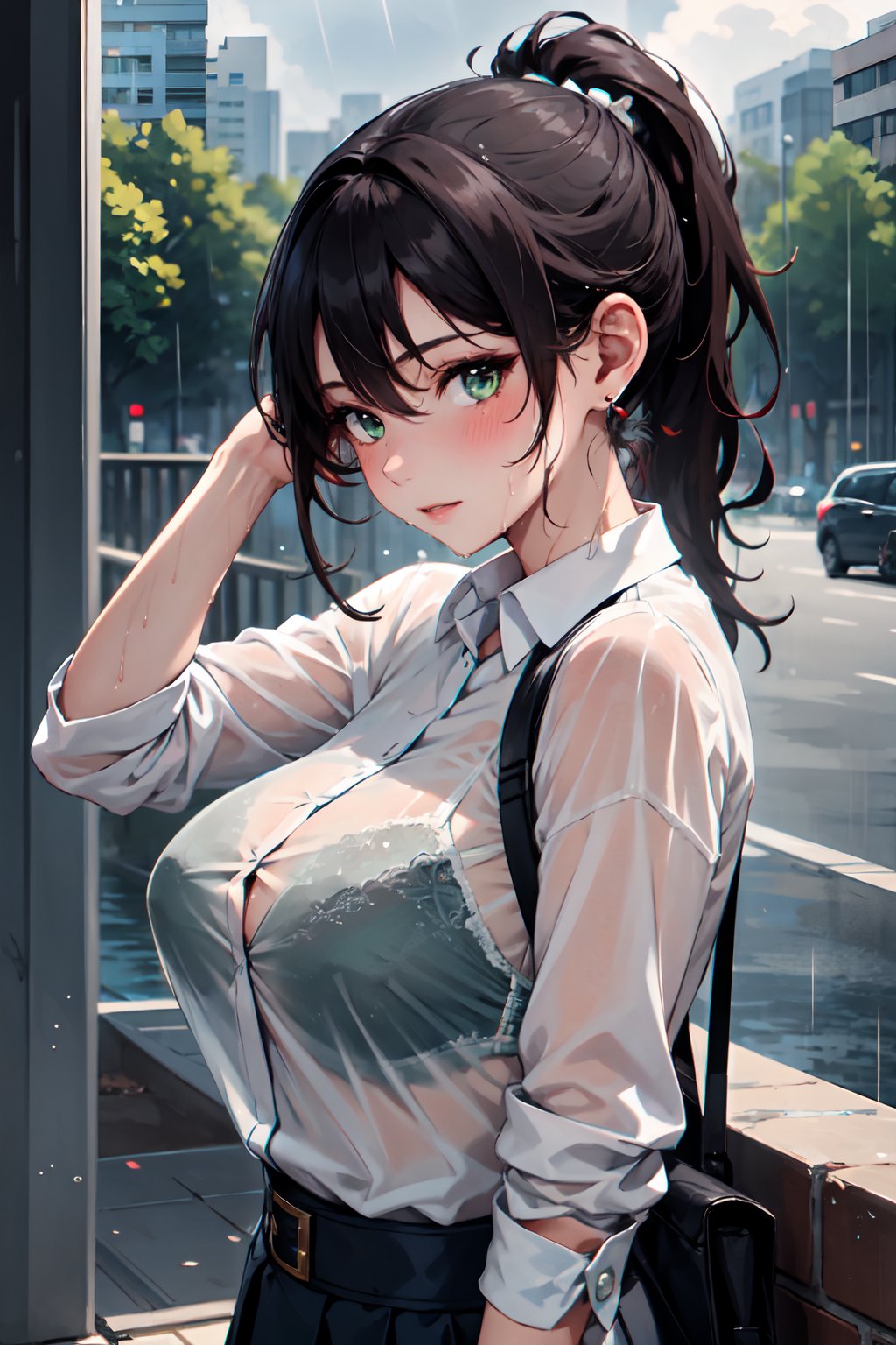 ((1 girl , solo:1.2)), outdoor, raining, cloudy sky,,(look at viewer:1.4) ,
, half side view
,
8k, uhd, masterpiece, best quality, 

 wet hair, large breast,
,long hair, ponytail, black hair,

,(bra visible through clothes,bra under shirt,
upper body, black bra,  white shirt with button:1.2) ,
(see-through:0.4), wet, wet clothes,
, green eyes, 
earrings, one hand adjusting hair, blushing,red ear ,
Cool Face, elder sister,
Extremely Realistic,