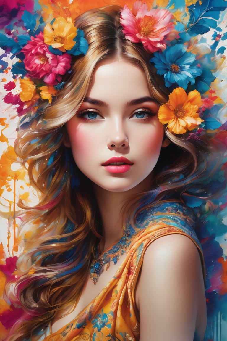 (features a young girl as its centerpiece). The artwork bursts with an explosion of colors, with ink splashes dancing across the canvas, creating a sense of dynamic movement. The style is a captivating blend of intricate vector illustrations, adding depth and detail to the composition. Among the kaleidoscope of colors, a prominent flower motif weaves through the artwork, symbolizing beauty and growth. Your task is to craft this mesmerizing scene, where the whimsy of surrealism meets the elegance of a young girl surrounded by a tapestry of vivid and expressive elements, intricate_details, elaborate emotive Golden Baroque and Rococo styles to emphasise beauty as a transcendental, seamless pattern, symmetrical, perfect symmetry, (realistic), extremely detailed