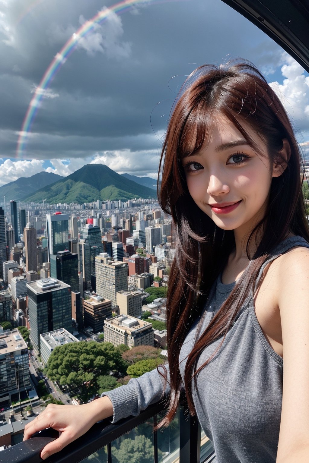 1girl, fisheye, taking selfie with one hand, wind, messy hair, raining, rainbow, stand in highest tower in the city, japan city background, (aesthetics and atmosphere:1.2), red hair, tattoo,smiling,FilmGirl
