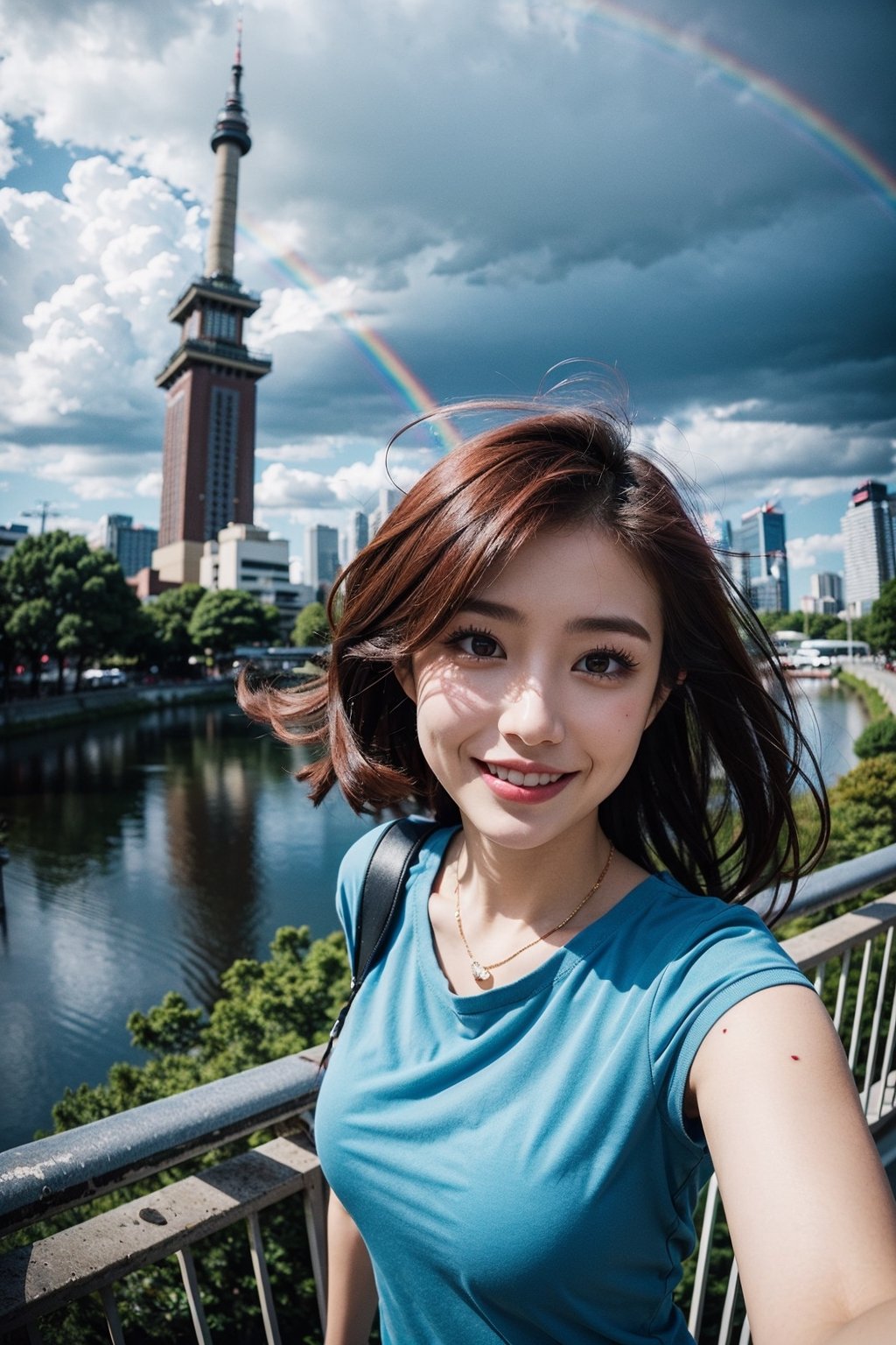 1girl, fisheye, taking selfie with one hand, wind, messy hair, raining, rainbow, stand in highest tower in the city, japan city background, (aesthetics and atmosphere:1.2), red hair, tattoo,smiling,FilmGirl
