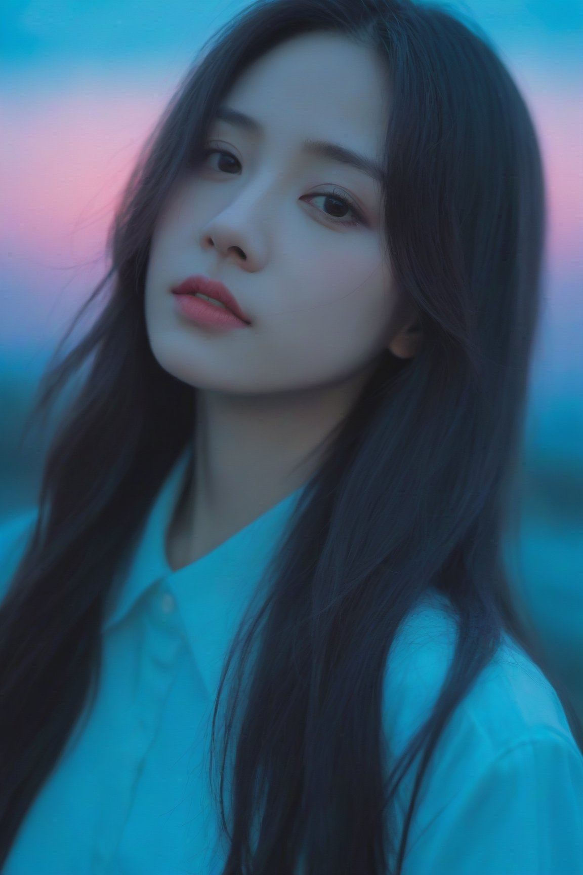 xxmixgirl, (masterpiece:1.0), (highest quality:1.12), (HDR:1.0), a girl with long hair looking at viewer, with a teal background and a indigo sky, constant, vaporwave colors, a character portrait, synchronization, detailed, realistic, 8k uhd, high quality
