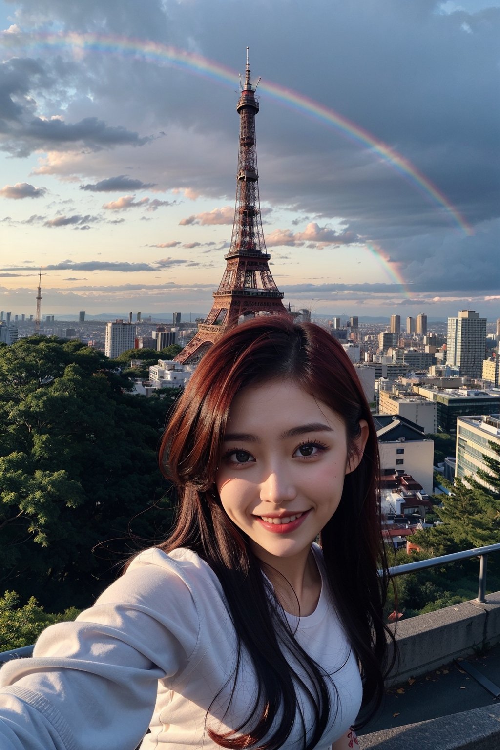 1girl, fisheye, taking selfie with one hand, wind, messy hair, raining, rainbow, stand in highest tower in the city, japan city background, (aesthetics and atmosphere:1.2), red hair, tattoo,smiling,FilmGirl
