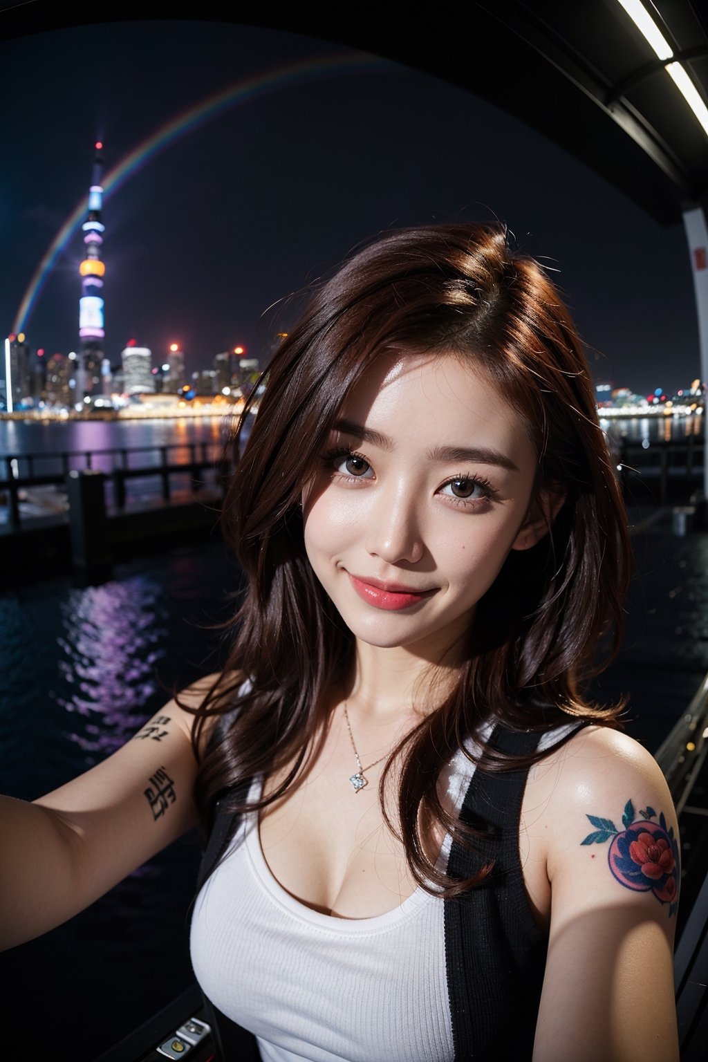 1girl, fisheye, taking selfie with one hand, wind, messy hair, raining, rainbow, stand in highest tower in the city, japan city background, (aesthetics and atmosphere:1.2), red hair, tattoo,smiling,FilmGirl
