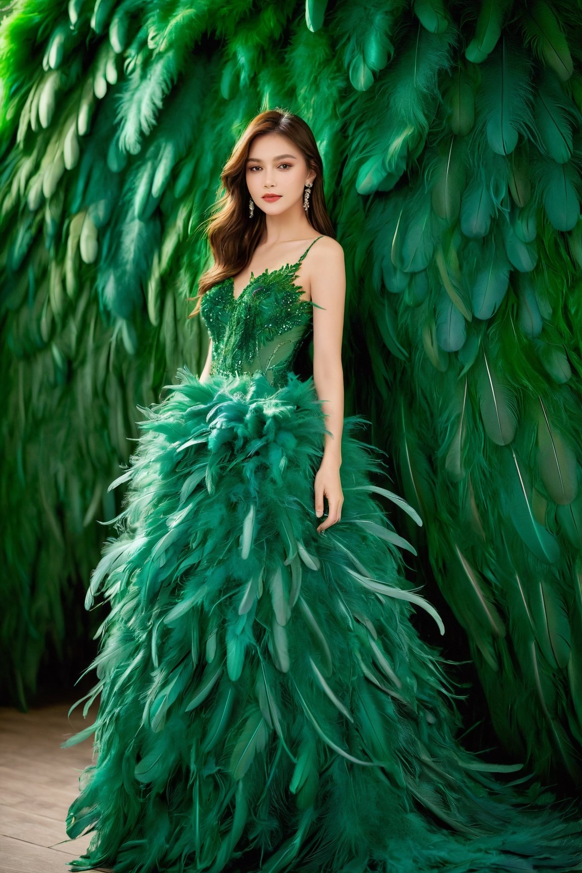 1girl,a gorgeous long dress made of feathers,green feather,huge feathers,complex background,beautiful background,(feathers everywhere:1.3),depth of field level,
