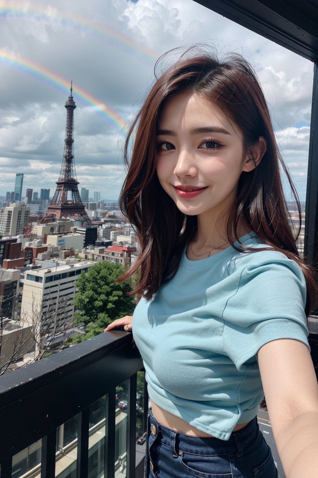 1girl, fisheye, taking selfie with one hand, wind, messy hair, raining, rainbow, stand in highest tower in the city, japan city background, (aesthetics and atmosphere:1.2), red hair, tattoo,smiling,FilmGirl
