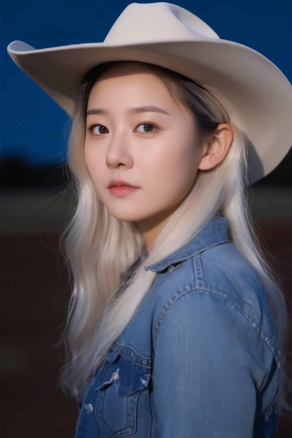 cowboy shot,Canon RF85mm f/1.2,1girl korean,20yo, solo, realistic, long hair, denim, white hair,look at viewer,by (artist Aliza Razell:1.5),Absolute field,sky,night,Galaxy,simple background,realistic