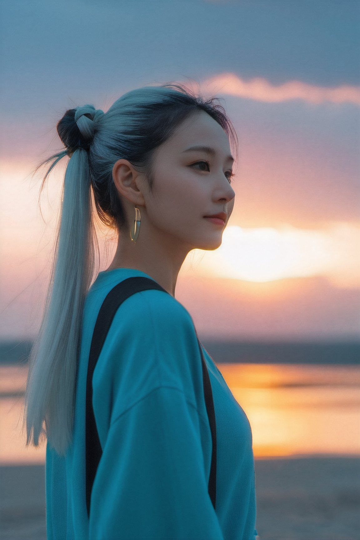 xxmixgirl, (masterpiece:1.0), (highest quality:1.12), (HDR:1.0), a girl with long double bun hair looking at viewer, (white hair), smile, with a teal background and Sunset sky, constant, vaporwave colors, a character portrait, synchronization, detailed, realistic, 8k uhd, high quality
,himeno,Mechanical part,Leonardo Style,