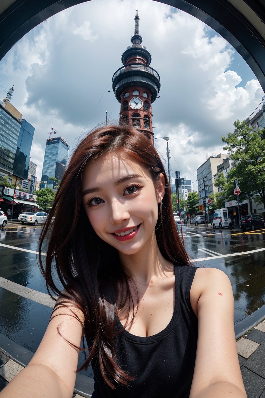 1girl, fisheye, taking selfie with one hand, wind, messy hair, raining, rainbow, stand in highest tower in the city, japan city background, (aesthetics and atmosphere:1.2), red hair, tattoo,smiling,FilmGirl
