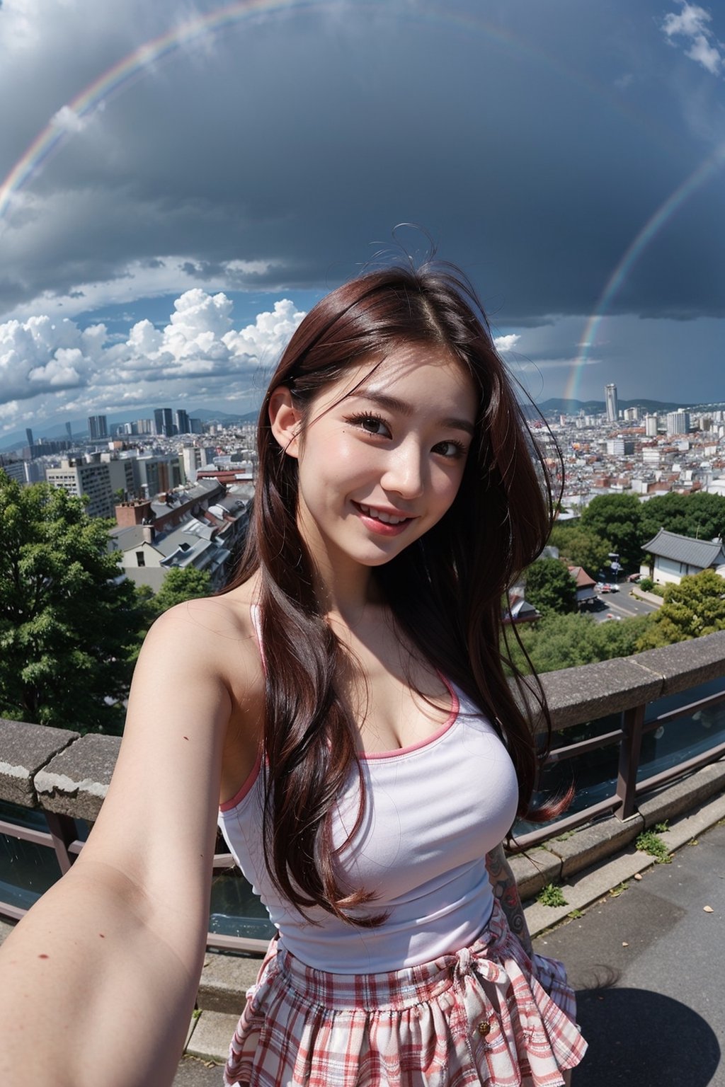 1girl, fisheye, taking selfie with one hand, wind, messy hair, raining, rainbow, stand in highest tower in the city, japan city background, (aesthetics and atmosphere:1.2), red hair, tattoo,smiling,FilmGirl
