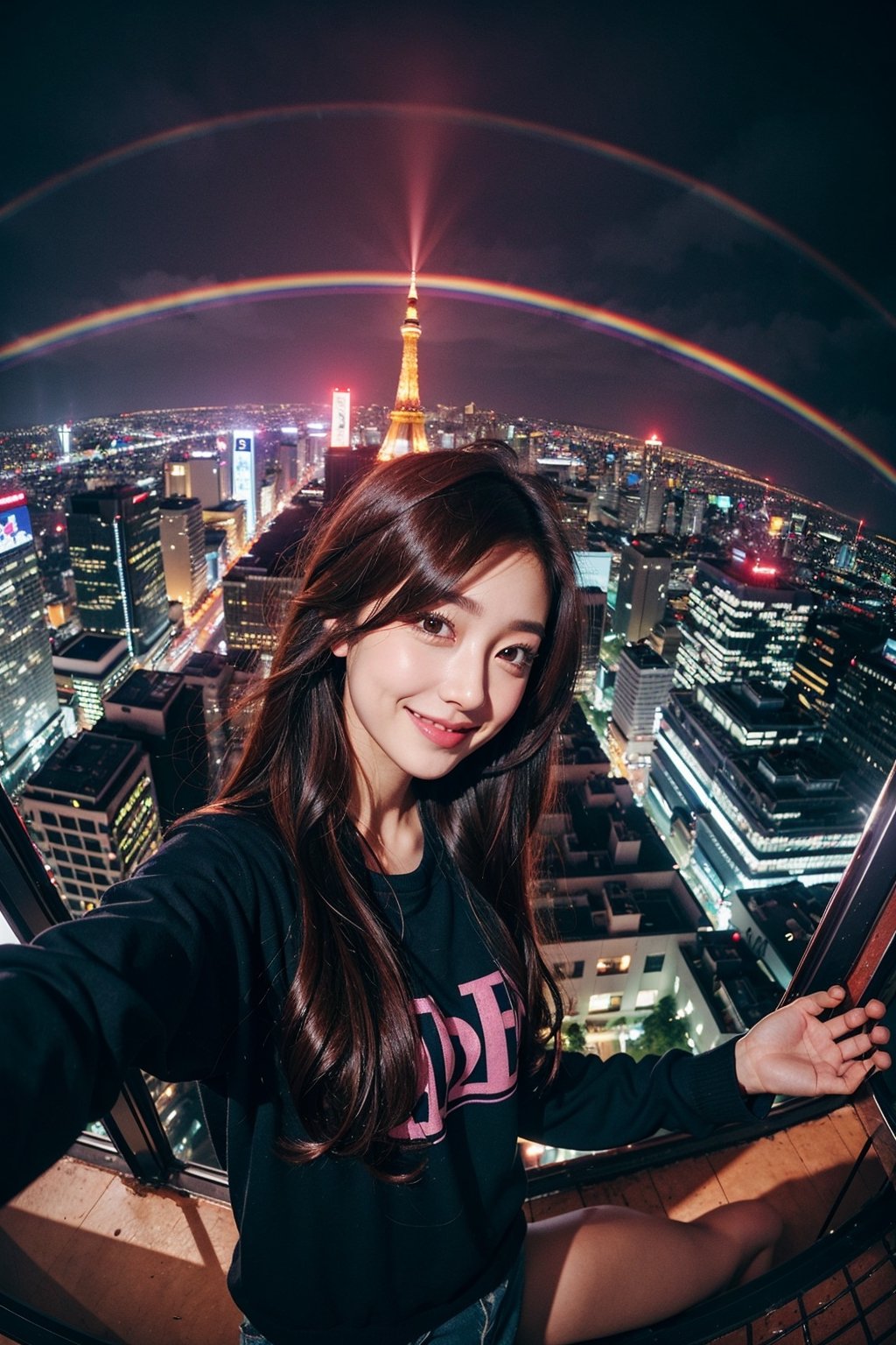 1girl, fisheye, taking selfie with one hand, wind, messy hair, raining, rainbow, stand in highest tower in the city, japan city background, (aesthetics and atmosphere:1.2), red hair, tattoo,smiling,FilmGirl
