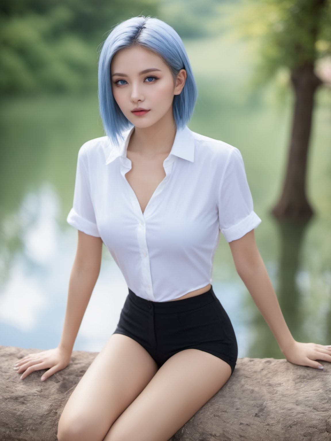 xxmixgirl,best image quality, masterpiece, super high resolution, 1girl, solo, (torn clothes:1.5), blue hair, outdoors, light on face, Sexy Long Legs, Beautiful Sexy, Grey Short Sleeves, Open Abdomen, Black Super Shorts, S-shaped Body, Upturned Hips, Assuming, Posing, Different Perspectives, black eyes, ((full body:1.5)), pink lips, day, sky, realistic, blue sky,  large breasts, ((Layered Haircut, Breasts: 1.2)), closed mouth, looking to the view, Zhenxin, ultra 8k photo, best quality, high quality.