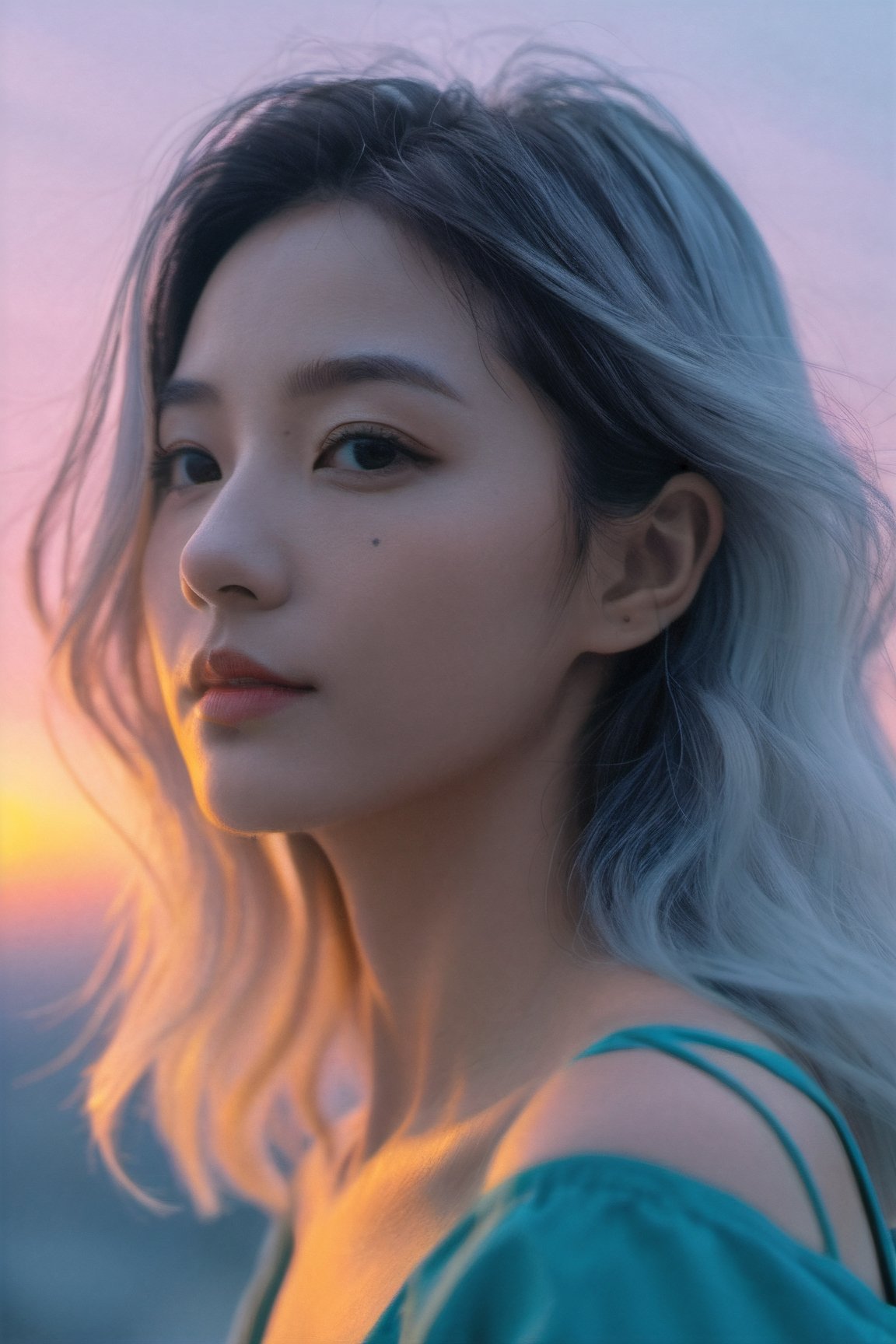 xxmixgirl, (masterpiece:1.0), (highest quality:1.12), (HDR:1.0), a girl with long wavy hair looking at viewer, (white hair), smile, with a teal background and Sunset sky, constant, vaporwave colors, a character portrait, synchronization, detailed, realistic, 8k uhd, high quality
,himeno,Mechanical part,Leonardo Style,