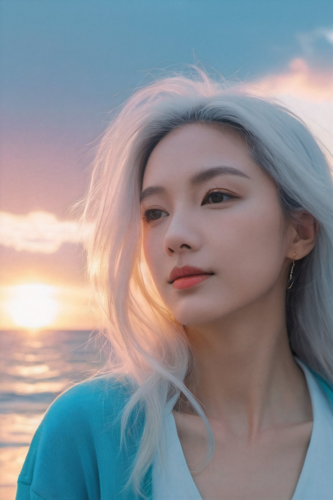 xxmixgirl, (masterpiece:1.0), (highest quality:1.12), (HDR:1.0), a girl with long wavy hair looking at viewer, (white hair), smile, with a teal background and sunshine sky, constant, vaporwave colors, a character portrait, synchronization, detailed, realistic, 8k uhd, high quality
,himeno,Mechanical part,Leonardo Style,