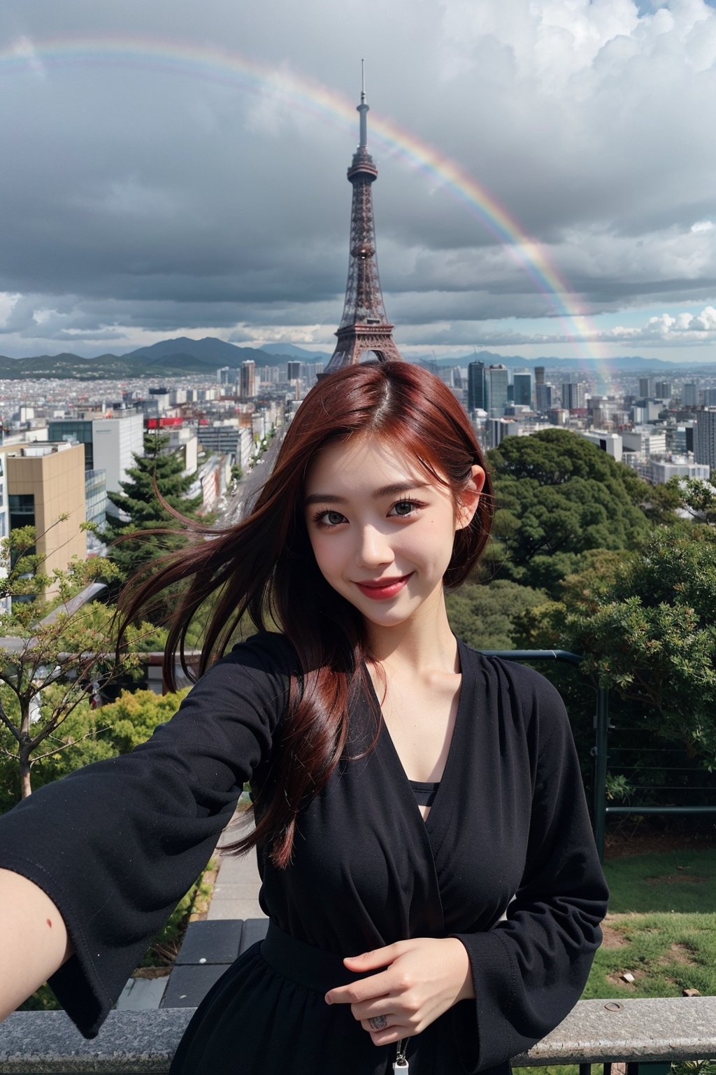 1girl, fisheye, taking selfie with one hand, wind, messy hair, raining, rainbow, stand in highest tower in the city, japan city background, (aesthetics and atmosphere:1.2), red hair, tattoo,smiling,FilmGirl
