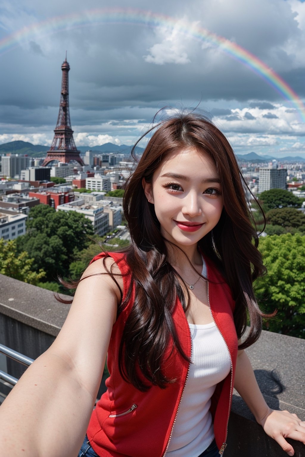 1girl, fisheye, taking selfie with one hand, wind, messy hair, raining, rainbow, stand in highest tower in the city, japan city background, (aesthetics and atmosphere:1.2), red hair, tattoo,smiling,FilmGirl
