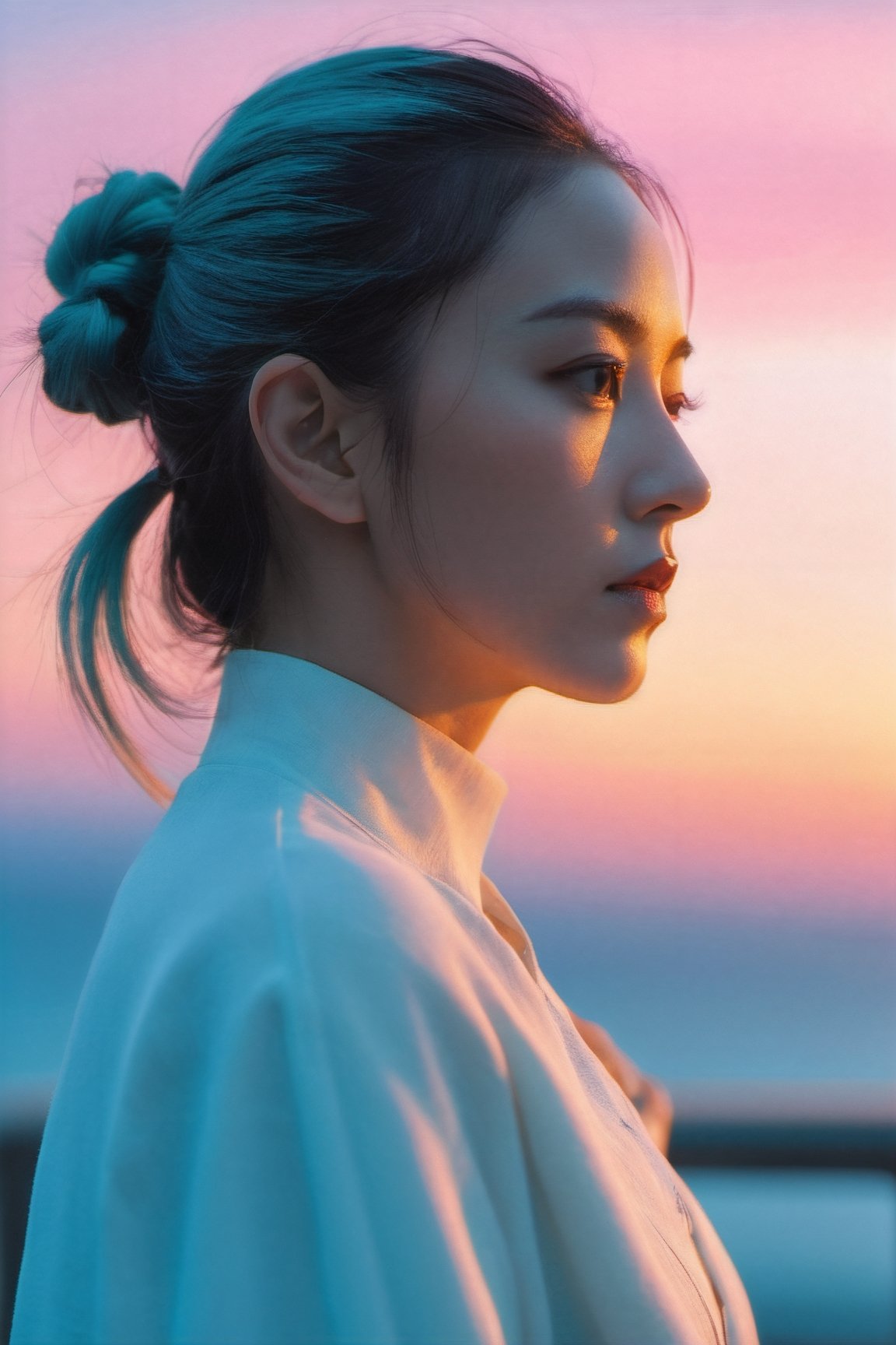 xxmixgirl, (masterpiece:1.0), (highest quality:1.12), (HDR:1.0), a girl with long double bun hair looking at viewer, (white hair), with a teal background and Sunset sky, constant, vaporwave colors, a character portrait, synchronization, detailed, realistic, 8k uhd, high quality
,himeno,Mechanical part,Leonardo Style,