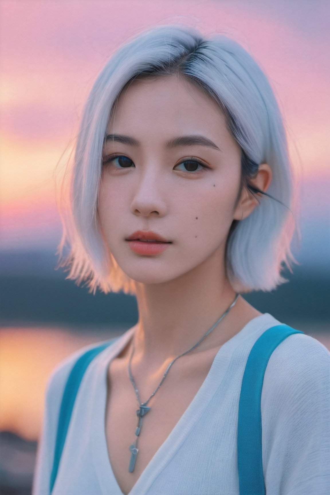 xxmixgirl, (masterpiece:1.0), (highest quality:1.12), (HDR:1.0), a girl with shoulder length straight hair looking at viewer, (white hair), with a teal background and Sunset sky, constant, vaporwave colors, a character portrait, synchronization, detailed, realistic, 8k uhd, high quality
,himeno,Mechanical part,Leonardo Style,