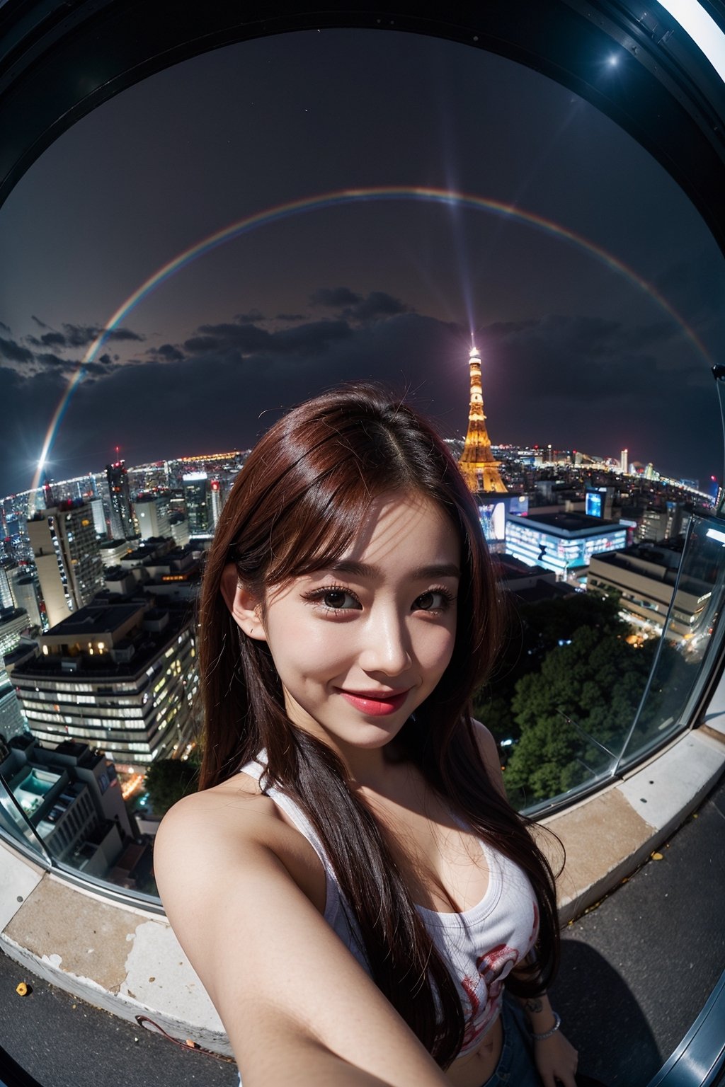 1girl, fisheye, taking selfie with one hand, wind, messy hair, raining, rainbow, stand in highest tower in the city, japan city background, (aesthetics and atmosphere:1.2), red hair, tattoo,smiling,FilmGirl
