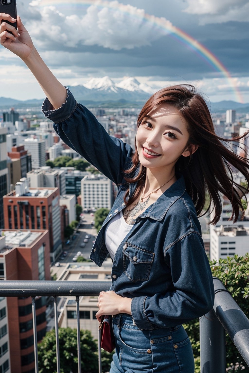 1girl, fisheye, taking selfie with one hand, wind, messy hair, raining, rainbow, stand in highest tower in the city, japan city background, (aesthetics and atmosphere:1.2), red hair, tattoo,smiling,FilmGirl
