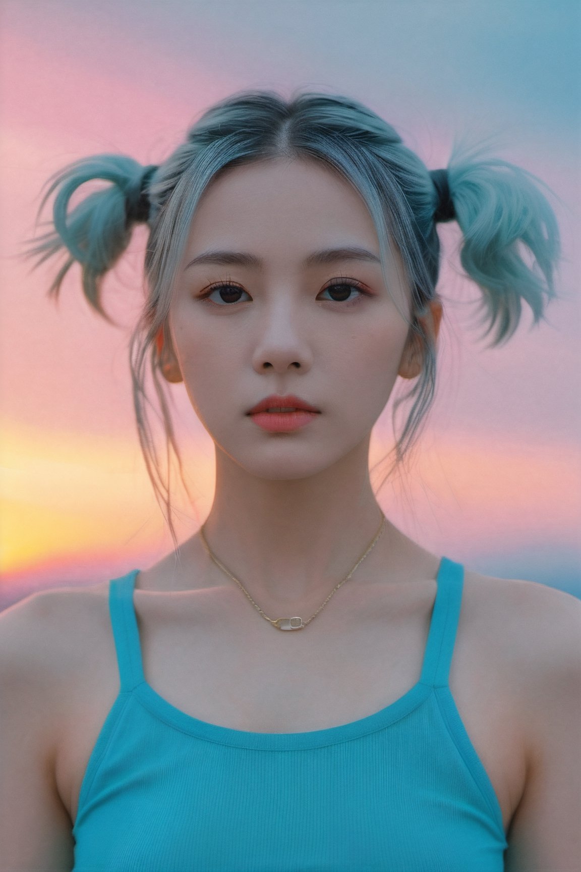 xxmixgirl, (masterpiece:1.0), (highest quality:1.12), (HDR:1.0), a girl with long double bun hair looking at viewer, (white hair), with a teal background and Sunset sky, constant, vaporwave colors, a character portrait, synchronization, detailed, realistic, 8k uhd, high quality
,himeno,Mechanical part,Leonardo Style,