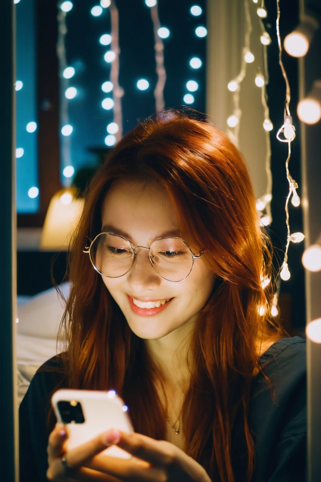  ((very grainy low resolution:1.2)) iphone mirror selfie redhead long flowing hair, woman holding iphone pro bedroom at night, cluttered, messy, ((petite)) slight smile, wearing glasses sitting, (soft lighting, fairy string lights,), low key dark lighting,
