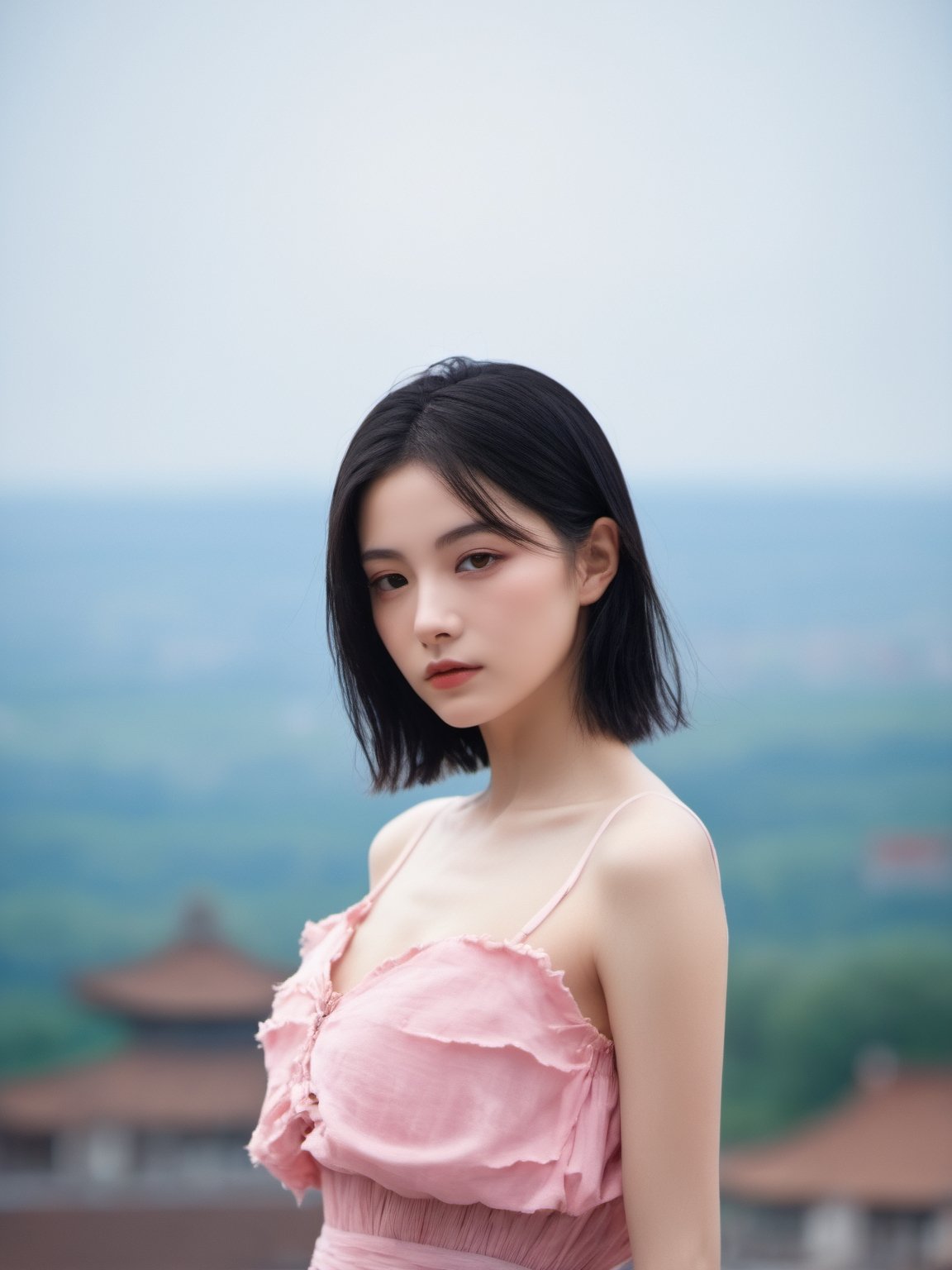 xxmixgirl,best image quality, masterpiece, super high resolution, 1girl, solo, (torn clothes:1.5), emty background, black hair, outdoors, light on face, blurry, black eyes, ((full body:1.5)), pink lips, day, sky, realistic, blue sky, tank top Dior, white shirt, short hair, sexy pose, ((Layered Haircut, Breasts: 1.2)), closed mouth, looking to the view, Zhenxin, ultra 8k photo, best quality, high quality.