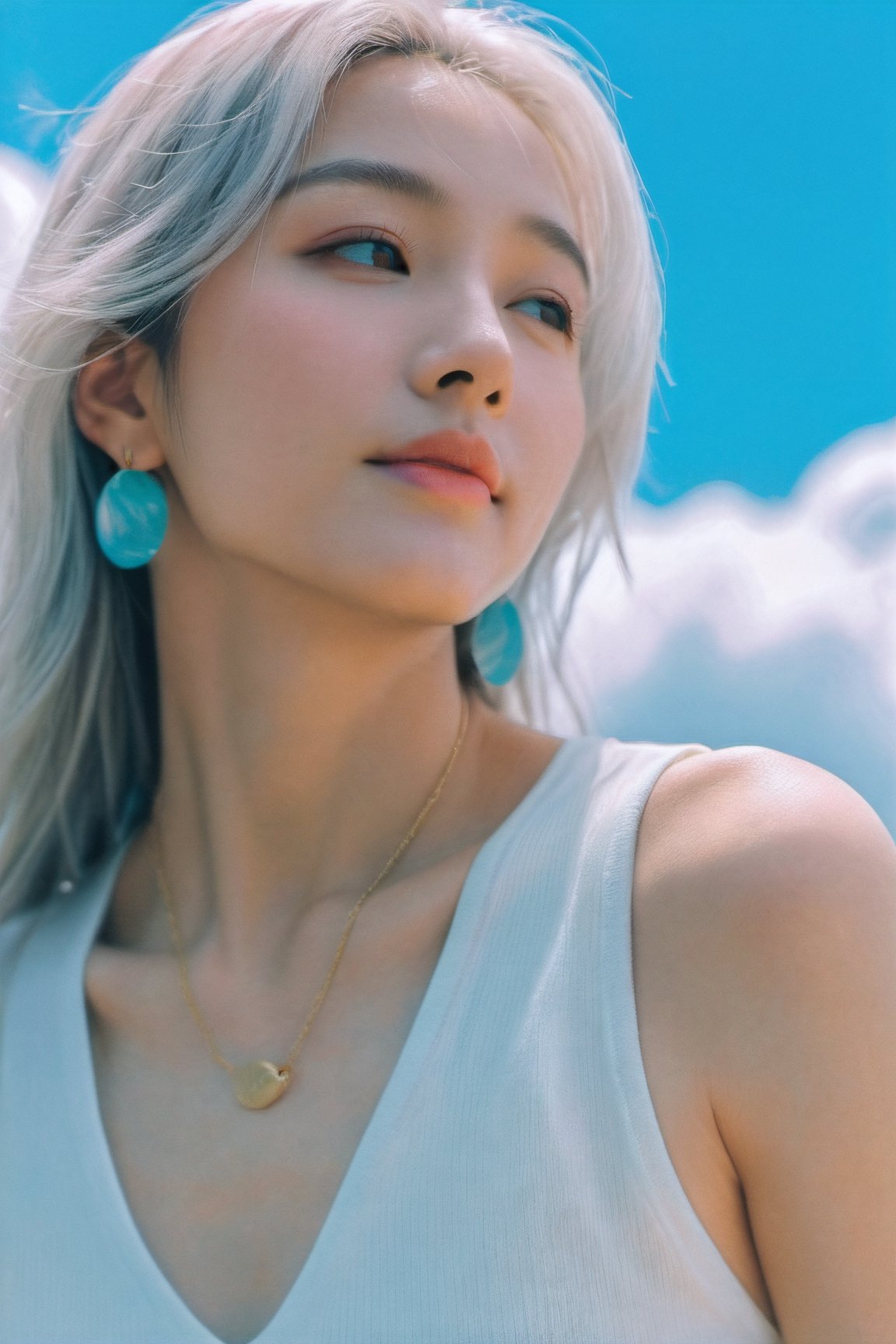 xxmixgirl, (masterpiece:1.0), (highest quality:1.12), (HDR:1.0), a girl with long wavy hair looking at viewer, (white hair), smile, with a teal background and sunshine sky, constant, vaporwave colors, a character portrait, synchronization, detailed, realistic, 8k uhd, high quality
,himeno,Mechanical part,Leonardo Style,