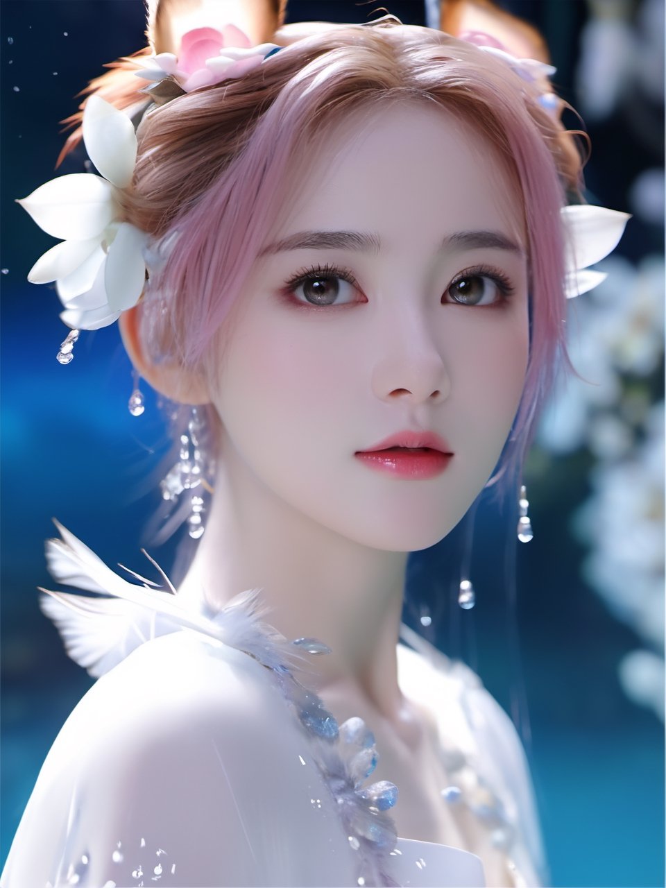 Masterpiece, best quality, official art, very detailed cg 8k wallpaper, (petals) (detailed ice), crystal texture skin, cold pressed, (fox ears), (pink hair), long hair, messy hair, blue eyes, looking at the audience, very delicate and beautiful, water, (beautiful eyes), highly detailed, movie lighting, (beautiful face), fine water surface, (original character painting), ultra detailed, Incredibly meticulous, (extremely delicate and beautiful), beautiful and meticulous eyes, (the best quality)
,LinkGirl,xxmixgirl