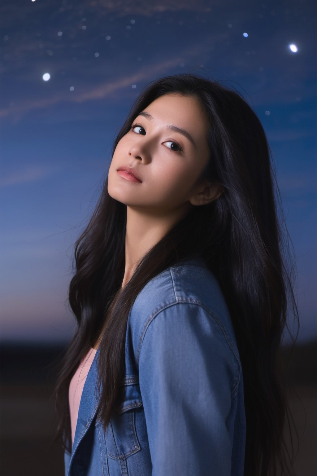 Canon RF85mm f/1.2,1girl, solo, realistic, long hair, denim, black hair,,full body,sky,night,Galaxy,simple background,
,close up