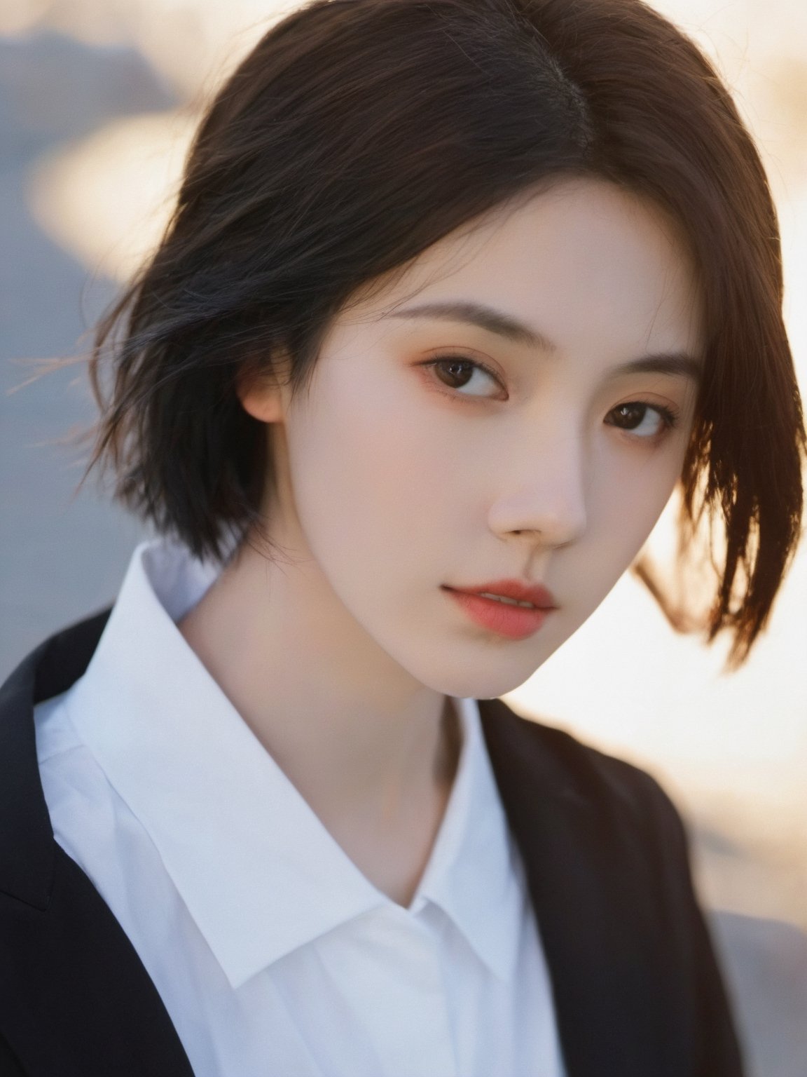 xxmixgirl, 1girl, solo, blurry background, black hair, outdoors, light on face, blurry, black eyes, upper body, lips, day, sky, realistic, blue sky, shirt, white shirt, short hair, jacket, closed mouth, looking to the side, Zhenxin