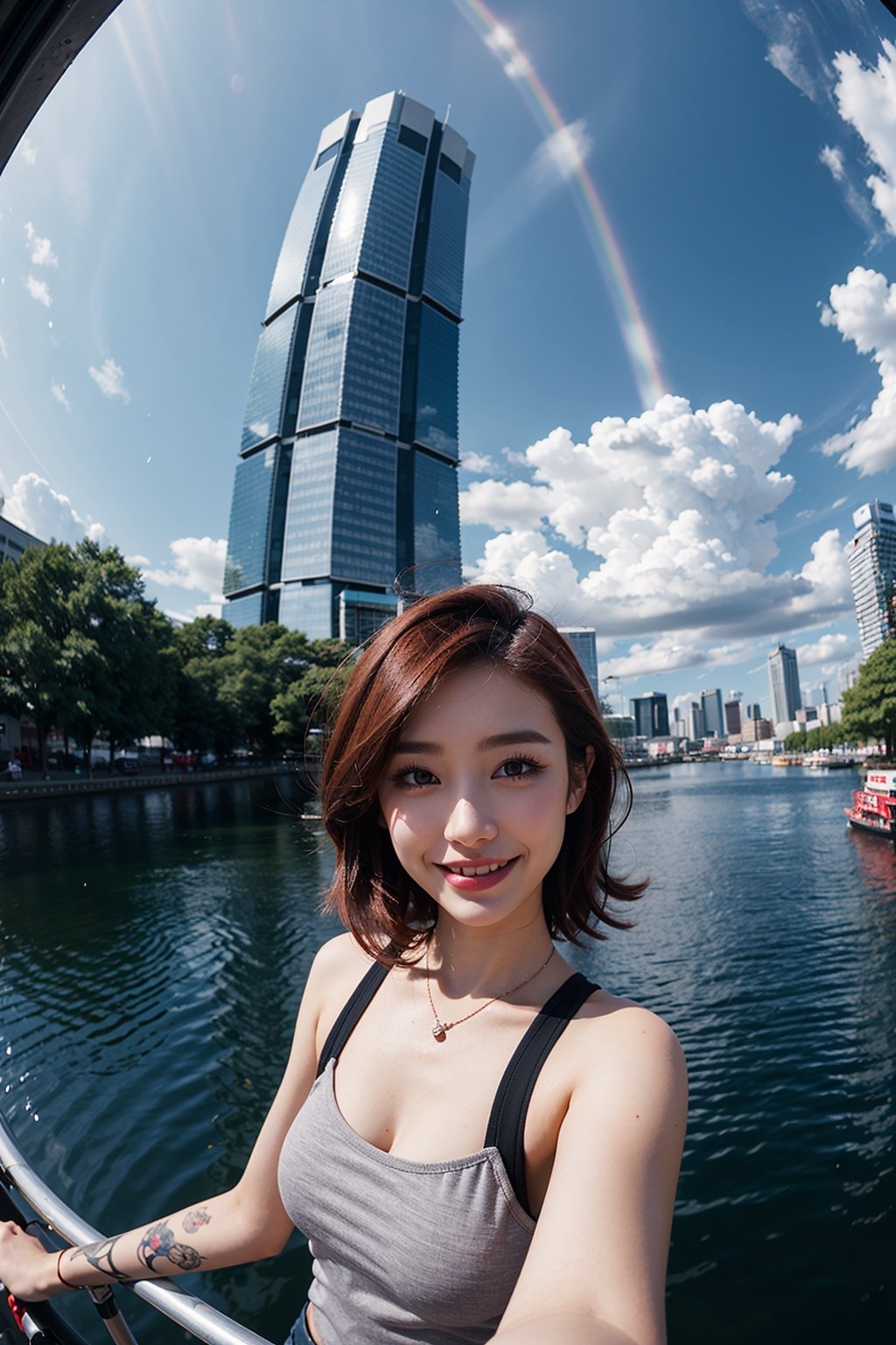 1girl, fisheye, taking selfie with one hand, wind, messy hair, raining, rainbow, stand in highest tower in the city, japan city background, (aesthetics and atmosphere:1.2), red hair, tattoo,smiling,FilmGirl
