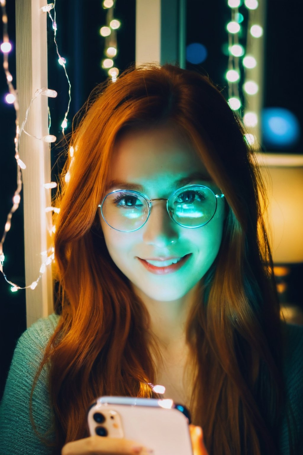  ((very grainy low resolution:1.2)) iphone mirror selfie redhead long flowing hair, woman holding iphone pro bedroom at night, cluttered, messy, ((petite)) slight smile, wearing glasses sitting, (soft lighting, fairy string lights,), low key dark lighting,
