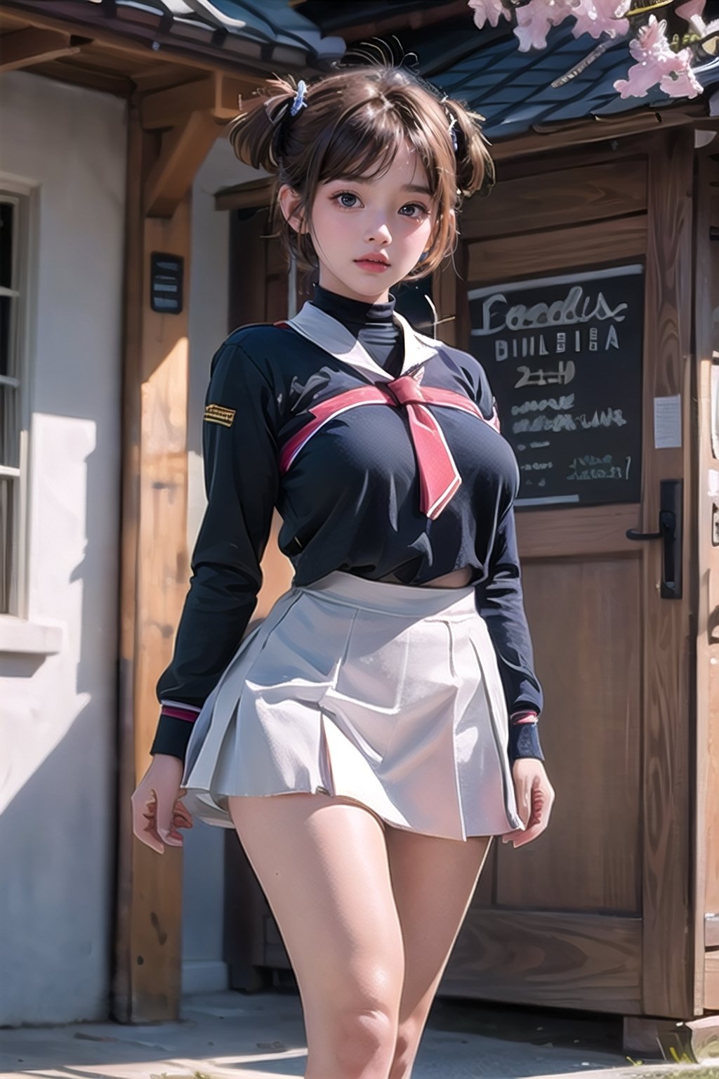 (plump:5.0, fat:2.0, big_tits:1.9, tight thighs,wide hips,bulging belly ), kinomoto sakura, 1girl, brown hair, short hair, antenna hair, two side up, hair bobbles, green eyes, school uniform, white sailor collar, black shirt, long sleeves, white skirt, pleated skirt