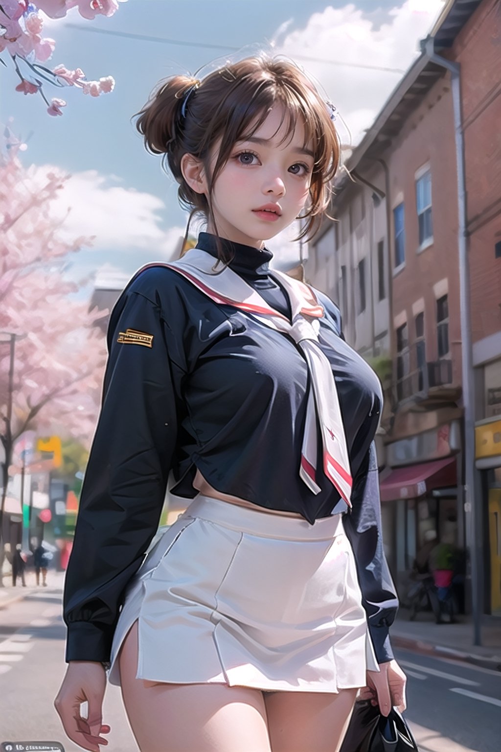 (plump:2.0, fat:2.0, big tits, tight thighs,wide hips,bulging belly ), kinomoto sakura, 1girl, brown hair, short hair, antenna hair, two side up, hair bobbles, green eyes, school uniform, white sailor collar, black shirt, long sleeves, white skirt, pleated skirt