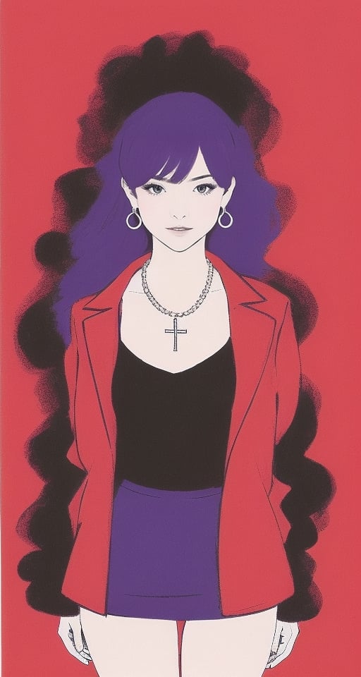 misato katsuragi, pale_skin:1.0,  intense_purple_hair:2.0, (mizuki_beautiful_young_face):1.8,georgus, full body,  red_jacket:2.0,black_pencil_skirt:1.5, black_dress,
,perfecteyes, nsfw,big_cross_necklace:2.0,