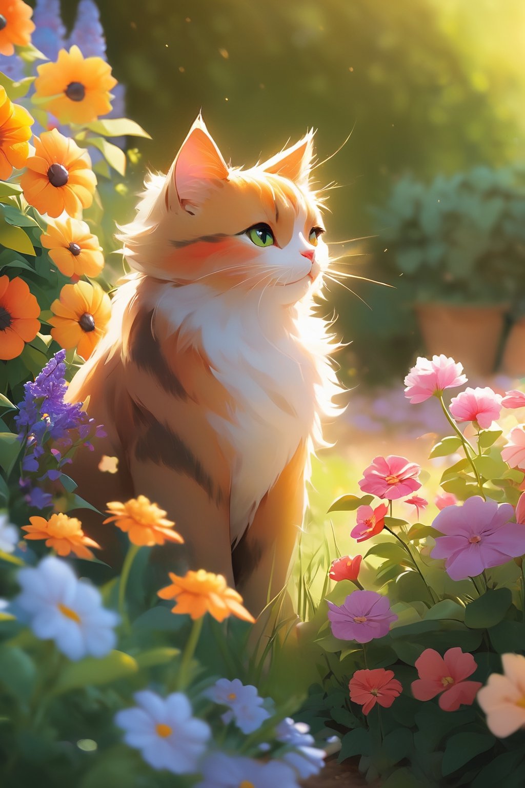 a beautiful flower garden, A garden filled with a vibrant display of colorful flowers. The sun is gently warming the scene, and there's a soft breeze rustling through the petals. 1,Xxmix_Catecat