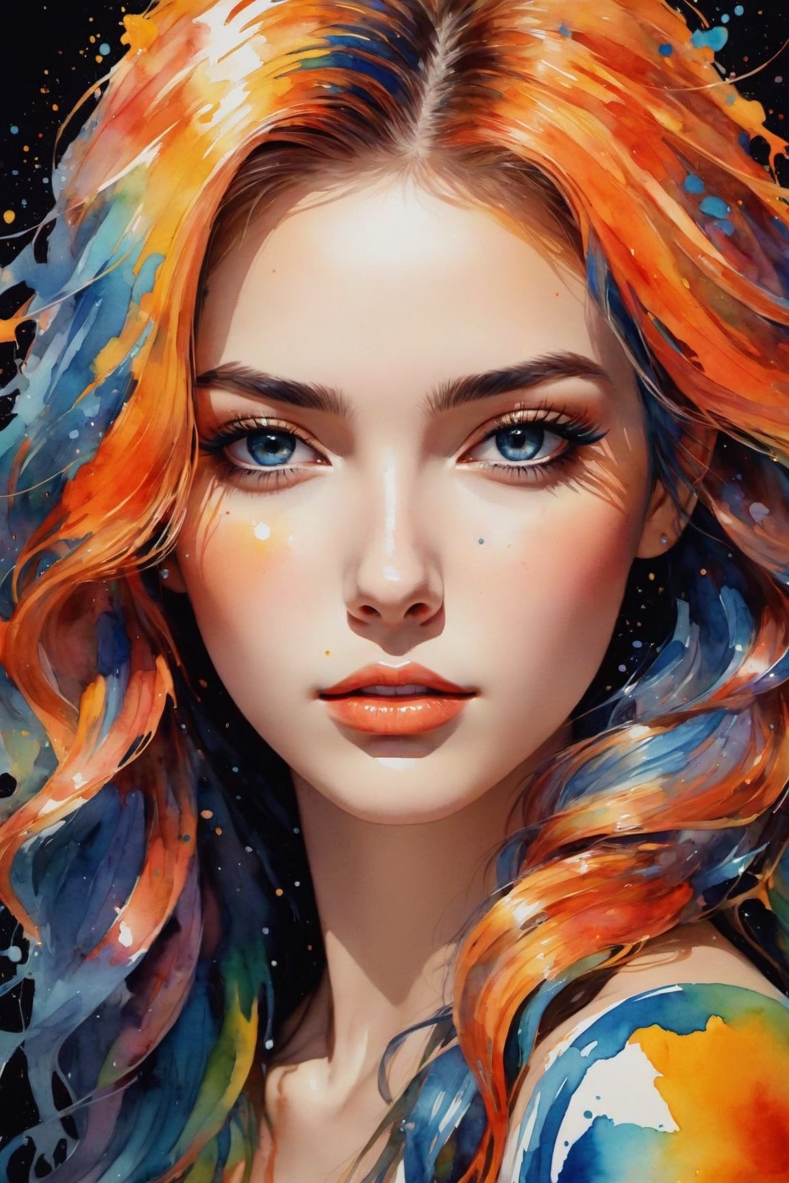 Colorful beautiful woman, a woman 18-years old, multiple color messy hair, watercolor, nice perfect face, multiple colors, intricate detail, splash screen, 8k resolution, masterpiece, cute face,art station digital painting smooth veryBlack ink flow, 8k resolution photorealistic masterpiece, intricately detailed fluid gouache painting, calligraphy, acrylic, watercolor art, professional photography, natural lighting, volumetric lighting maximalist, complex, elegant, expansive, fantastical,dfdd,Xxmix_Catecat,dripping paint,2d_animated