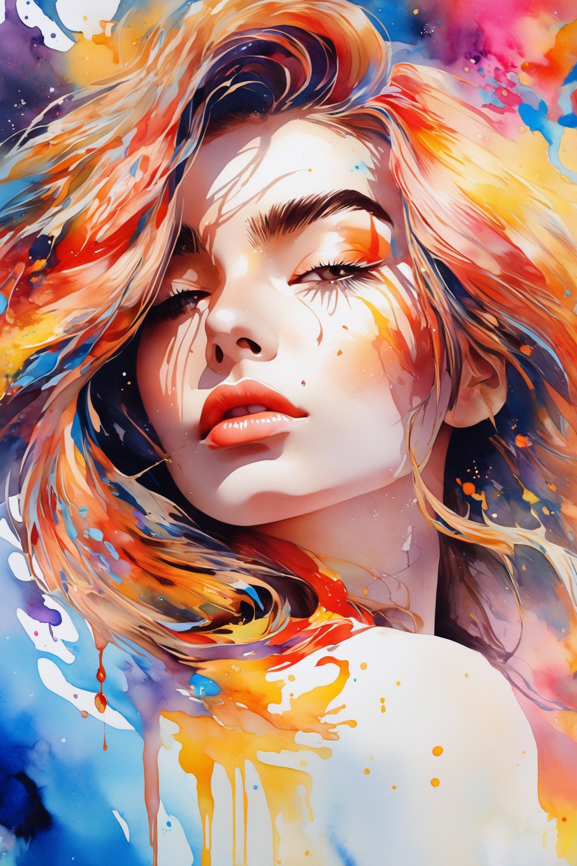 Colorful beautiful woman, a woman 18-years old, multiple color messy hair, watercolor, nice perfect face, multiple colors, intricate detail, splash screen, 8k resolution, masterpiece, cute face,art station digital painting smooth veryBlack ink flow, 8k resolution photorealistic masterpiece, intricately detailed fluid gouache painting, calligraphy, acrylic, watercolor art, professional photography, natural lighting, volumetric lighting maximalist, complex, elegant, expansive, fantastical,dfdd,Xxmix_Catecat,dripping paint,