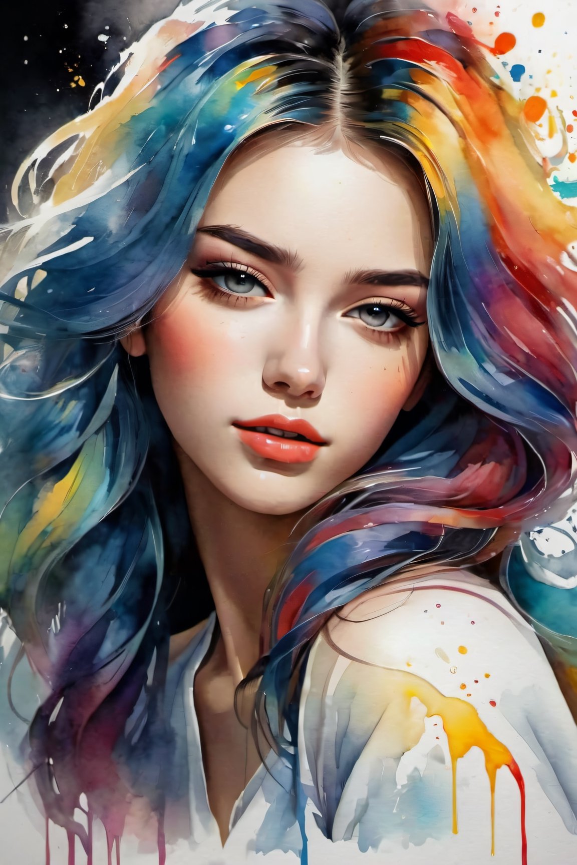 Colorful beautiful woman, a woman 18-years old, multiple color messy hair, watercolor, nice perfect face, multiple colors, intricate detail, splash screen, 8k resolution, masterpiece, cute face,art station digital painting smooth veryBlack ink flow, 8k resolution photorealistic masterpiece, intricately detailed fluid gouache painting, calligraphy, acrylic, watercolor art, professional photography, natural lighting, volumetric lighting maximalist, complex, elegant, expansive, fantastical,dfdd