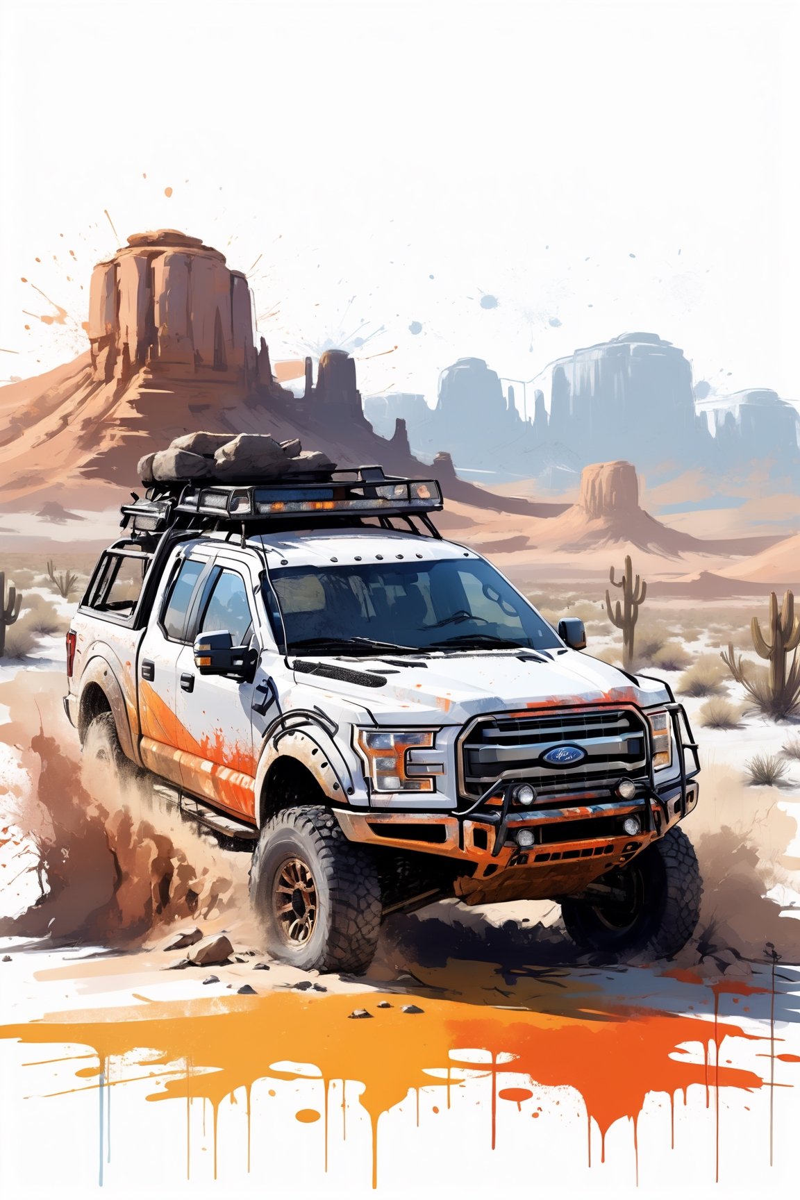 Centered image, bits of color, hand drawn, realistic sketch, Rough sketch, bold lines, splash art, Artwork design, white background, offroad vehicle Ford, desert, sunrise, flat illustration, high contrast, vibrant vector, vector image, 8k,dripping paint